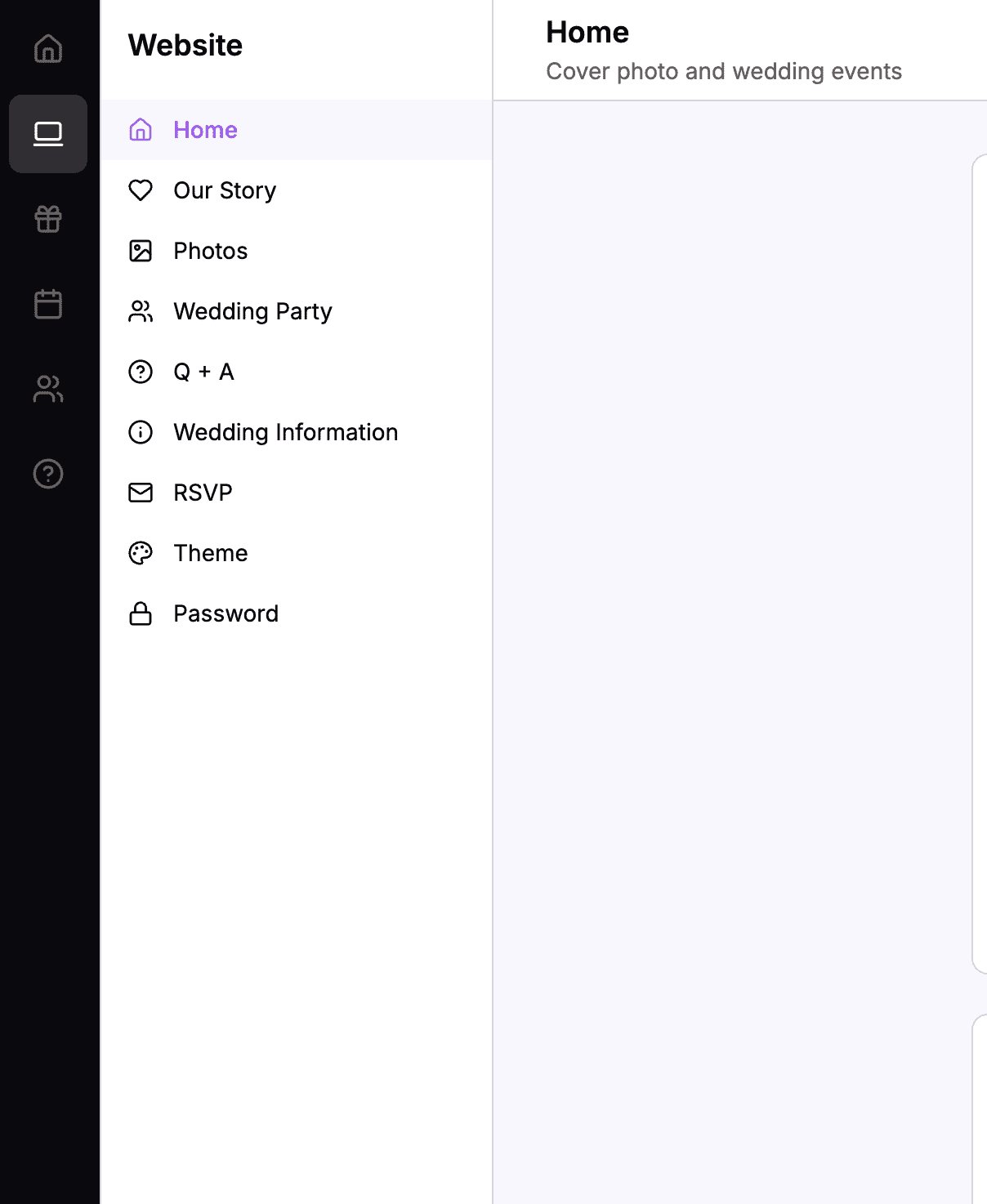 Dashboard navigation showing Website menu expanded with Home selected