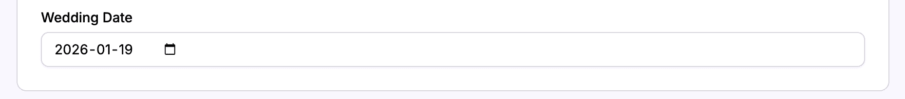 The wedding date picker with a calendar dropdown