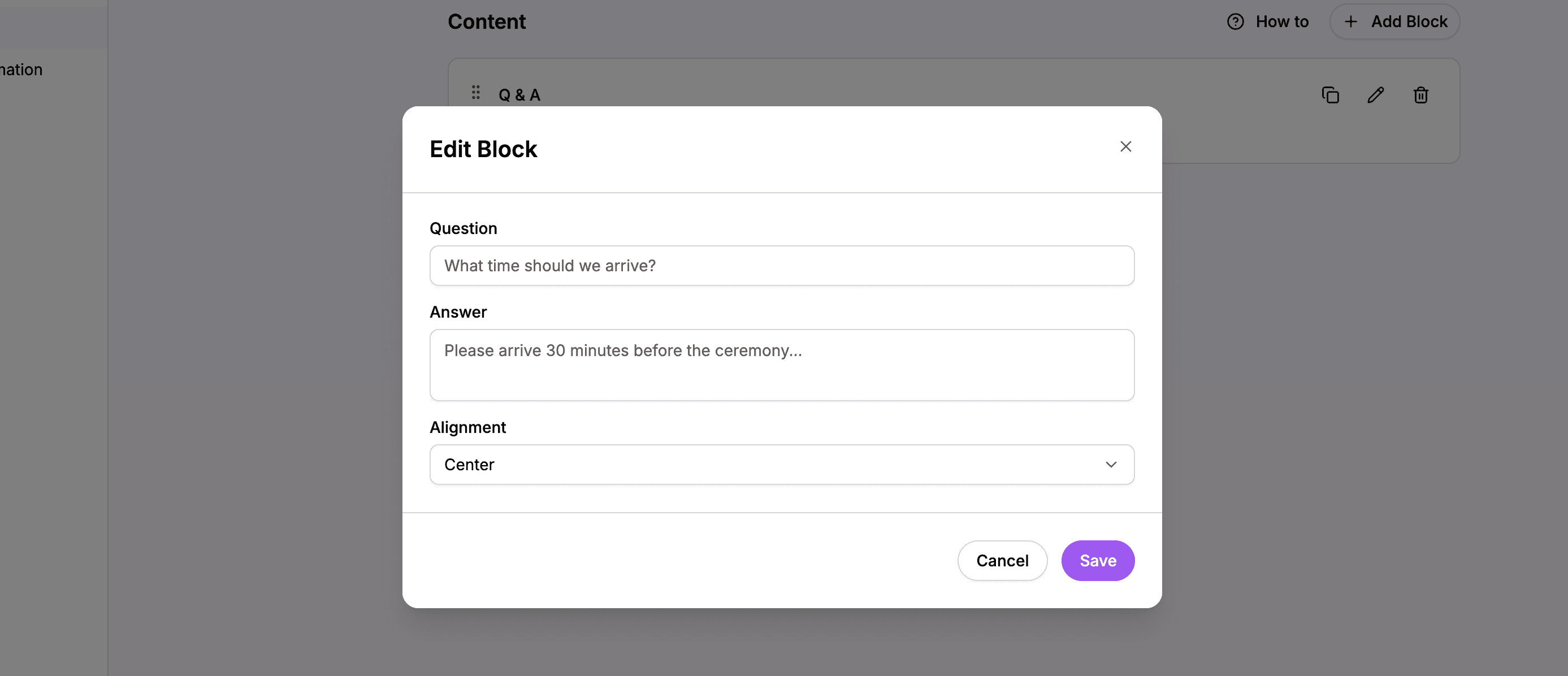 Q&A block editor showing question and answer fields