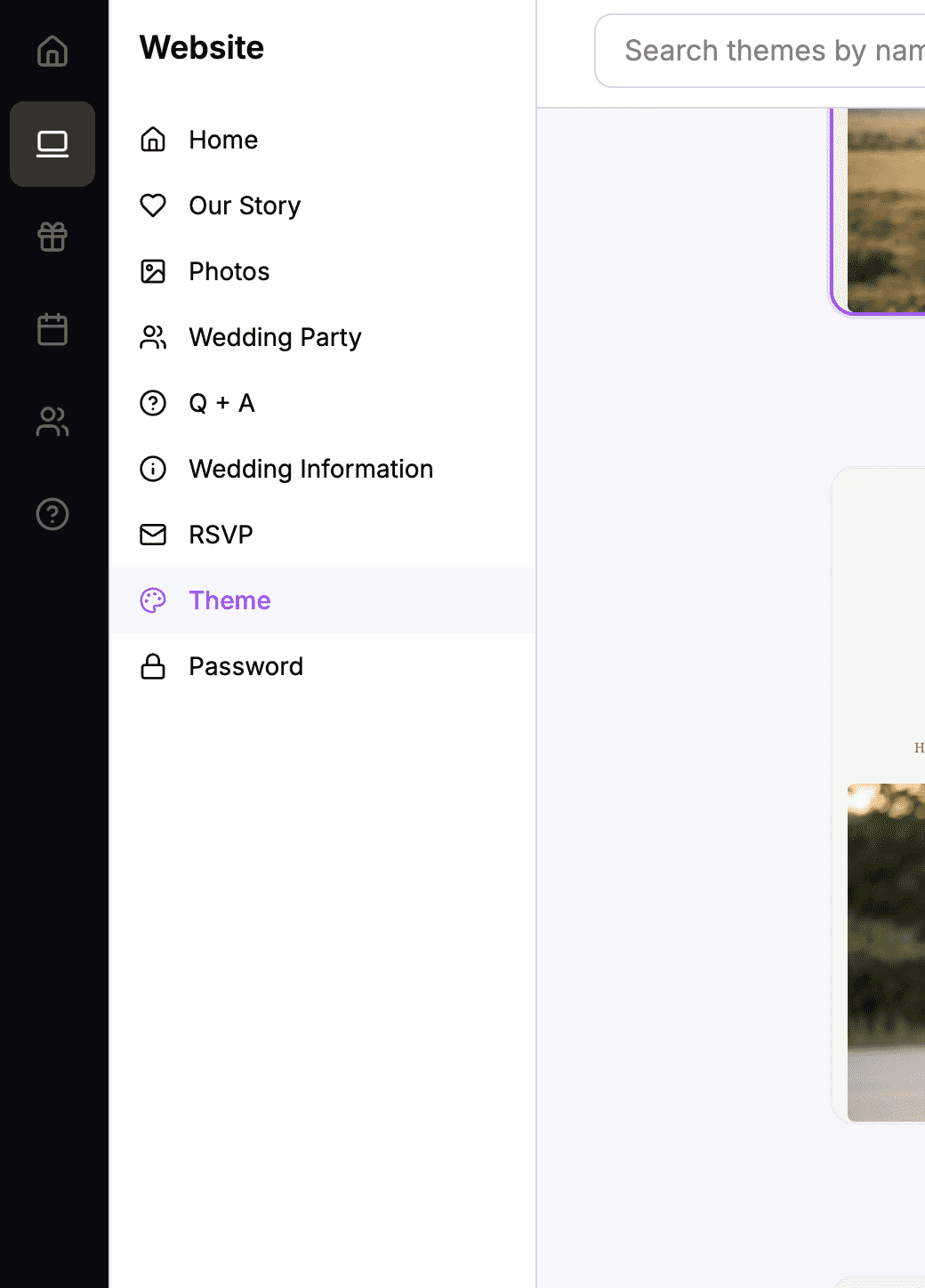 Dashboard navigation showing Website menu with Theme selected
