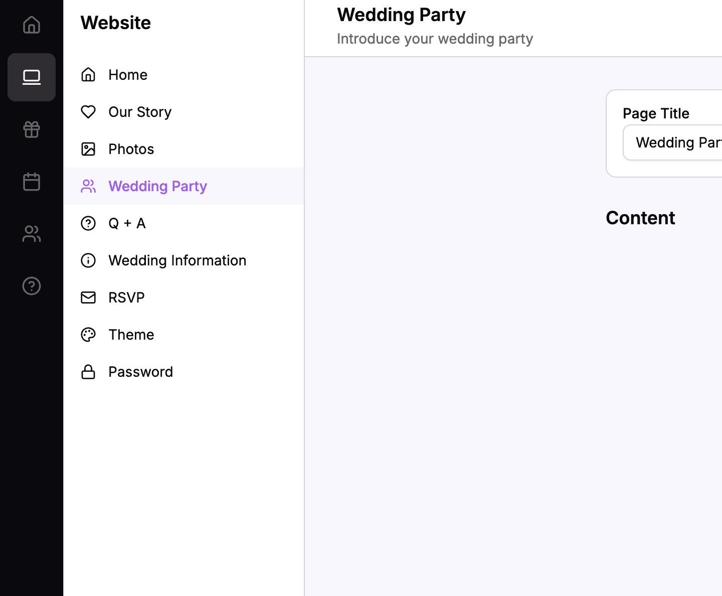 Dashboard navigation showing Website menu with Wedding Party selected
