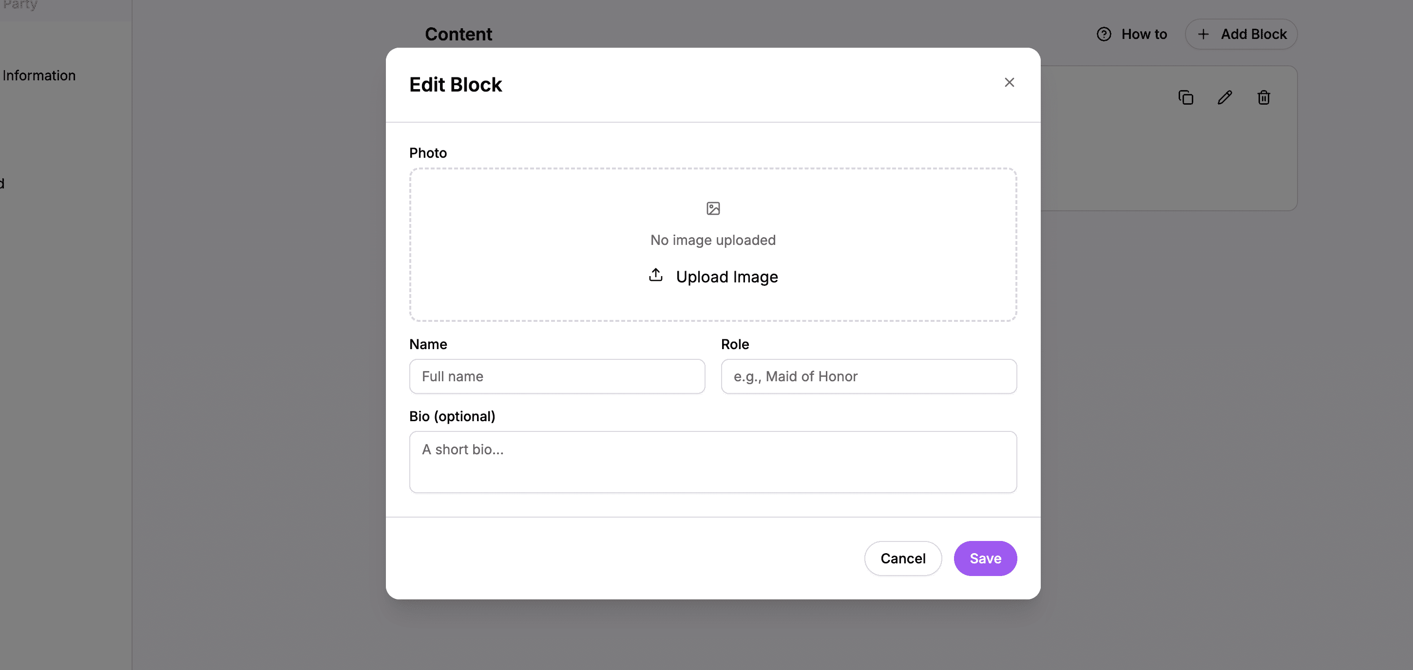 Person block editor showing all fields