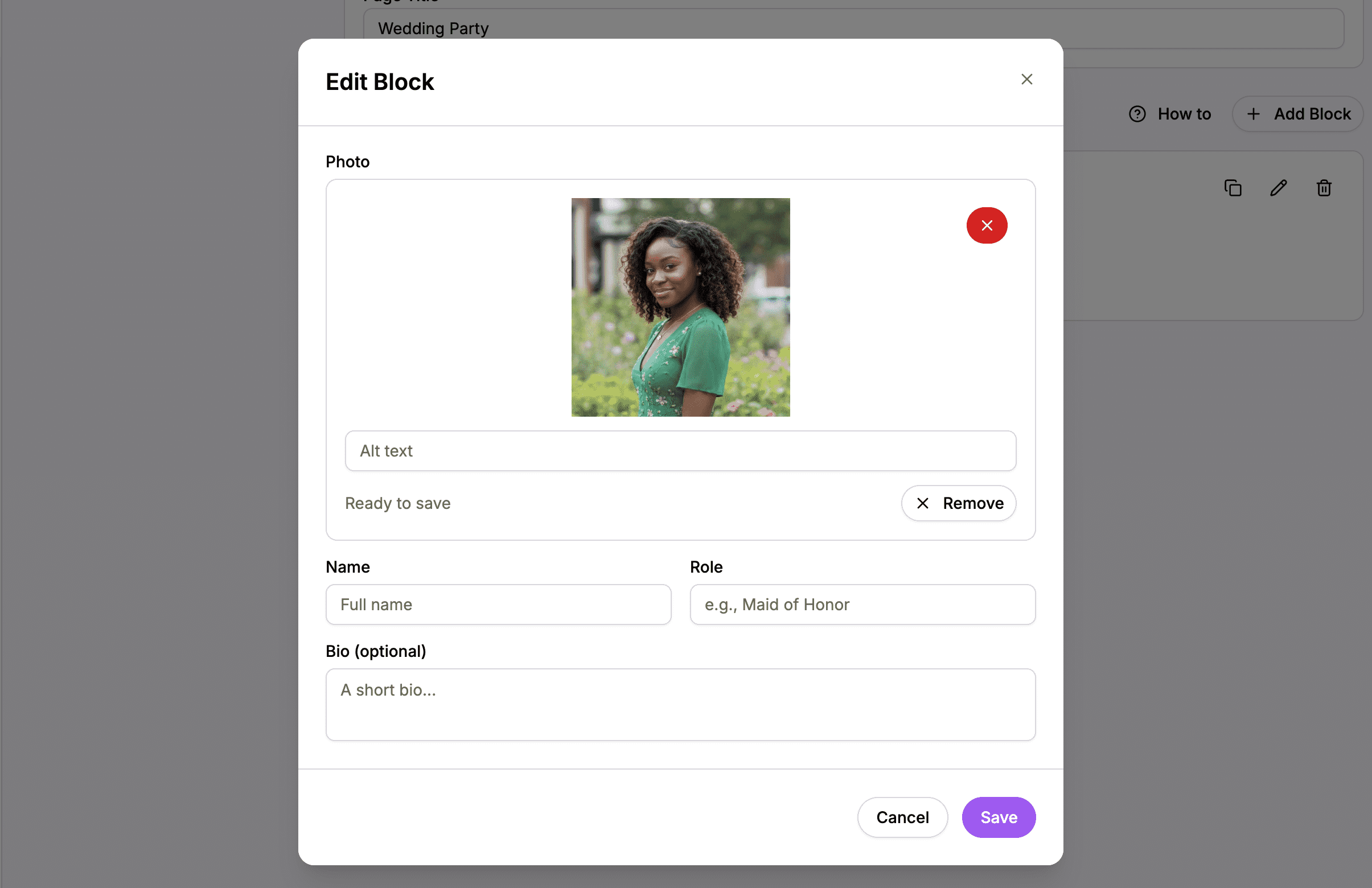 Uploading a photo for a wedding party member