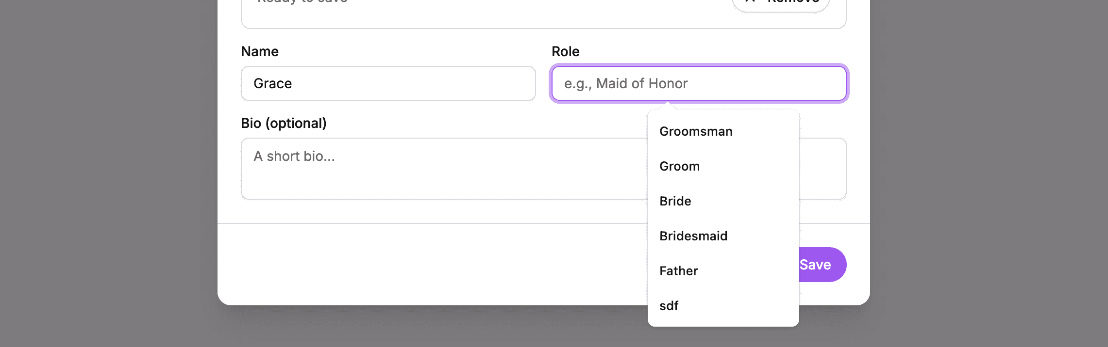 Examples of different wedding party roles